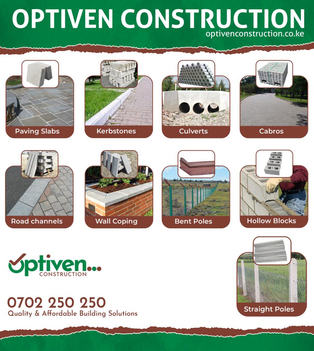 constructionopt's tweet photo. As our slogan dictates, “Quality and affordable building solutions.”
Optiven Construction manufactures quality concrete products that guarantee durability to all home and business owners.

Call us TODAY on 0702 250 250 for all your building solutions.
#concrete 
#construction https://t.co/H73Y0z7slc