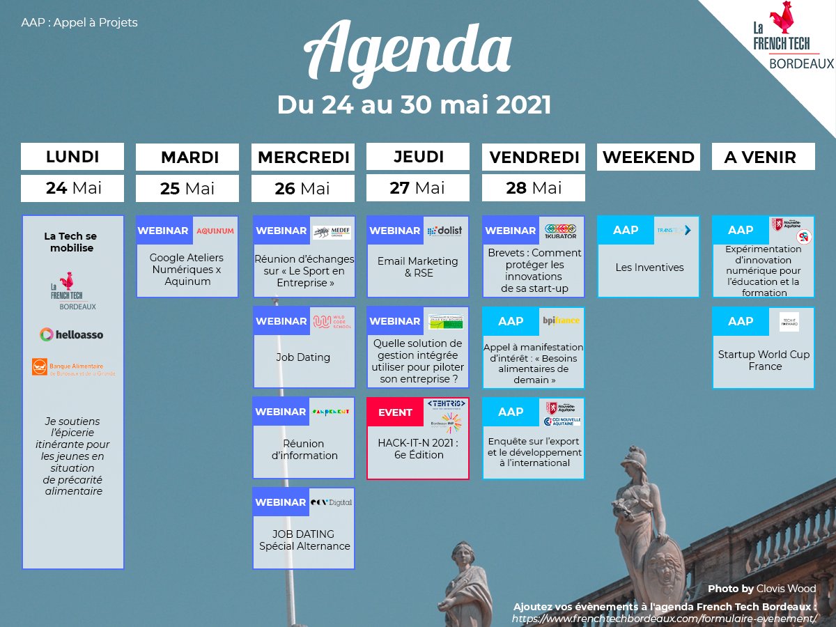 FrenchTechBdx's tweet photo. 🗓 Vos événements #FrenchTech #Bordeaux de la semaine ➡️ #FTCentralBdx, @helloasso, @BA_Bordeaux33, @Dolist_FR, @medefgironde, @WildSchool_Bdx, @LeCampement, @ECV_Digital_Bdx, @tehtris, @1KBordeaux, @CCINleAquitaine, @inventifs, @BordeauxINP...🔥
Infos 👉 https://t.co/PR7mwbUoLm https://t.co/kVU8hggTFn