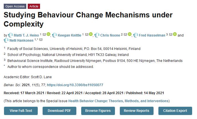 Behavsci_MDPI's tweet image. New Paper: &quot;Studying Behaviour Change Mechanisms under Complexity&quot; from Dr. Hankonen, et al. @Heinonmatti @keeganknittle @Chris_Noone_ @FredHasselman @NHankonen @SocSciHelsinki @helsinkiuni @NUIMerrionSq @CogPT_lab @Radboud_Uni
Find more details at: mdpi.com/2076-328X/11/5…