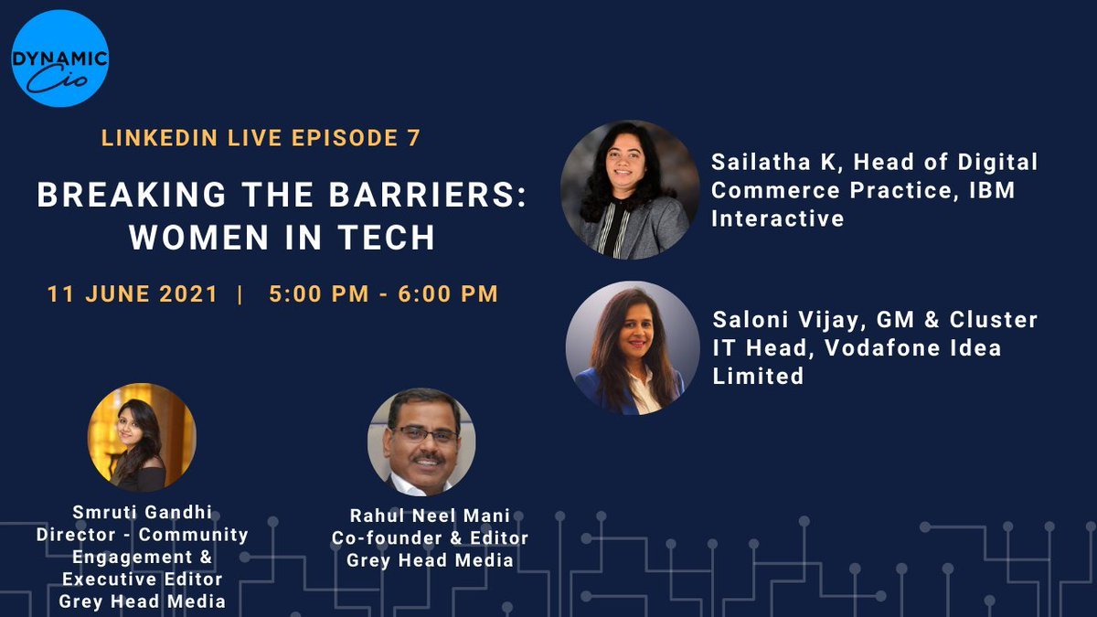 And we resume our #BreakingTheBarriers LinkedIn Live series!!! 

In the 7th Episode, we will have @saibiju from @ibm_in and @SaloniVijay4 from Vodafone India  @VodaIdea_NEWS to discuss a range of issues Do join us on 11 June 2021 at 5 PM. #GirlsWhoCode  linkedin.com/events/breakin…