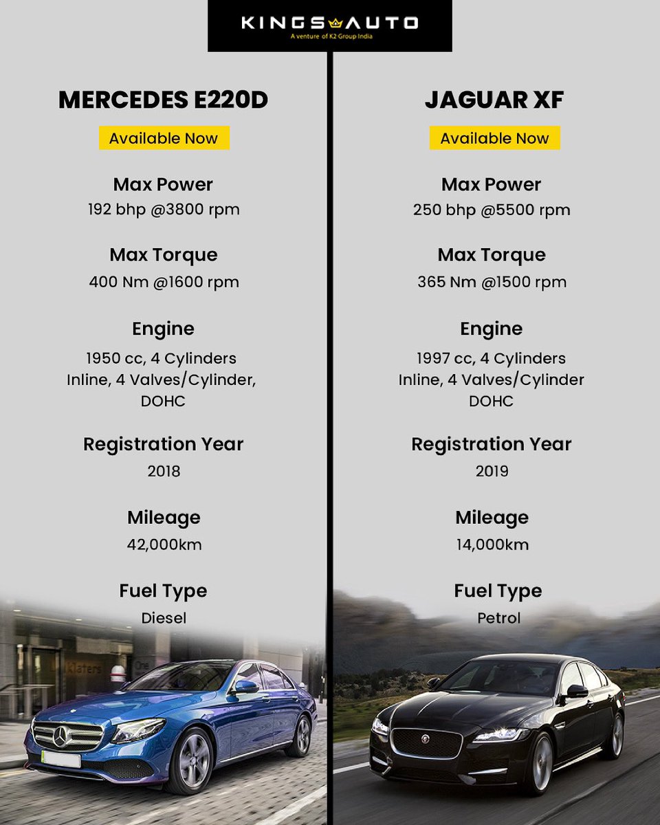 KingsAutoDelhi's tweet photo. Which side are you on? The German or the British?
Which of these mid-size luxury saloons would you choose?
.
Call us for more details : 9999727272, 8888727272
.
#kingsauto #kingsautodelhi #mercedes #mercedesbenz #eclass #e220d #jaguar #jaguarxf #xf #premiumluxury #premiumcars https://t.co/Ile7rxSmLK