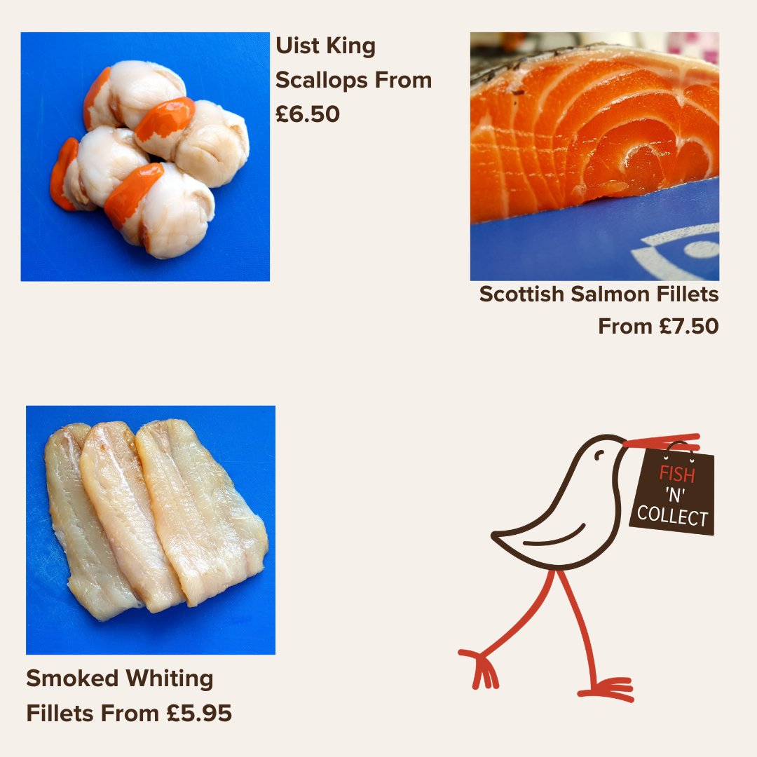 Morning shoppers...

Few highlights this week...

Scottish salmon fillets
Uist king scallop meat
Smoked whiting fillets

#shoplocal #localseafood #localbusiness #freshfish #fishncollect