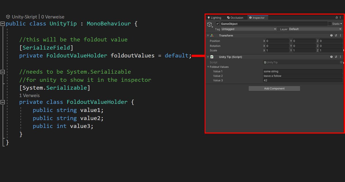 BinaryImpactG's tweet image. #UnityTips Make a foldout in the Inspector without writing additional Editor Scripts.

Create a System.Serializable class and add an instance to your script. Public member will be visible in the foldout.

If declared elsewhere the class has to be accessible.

#gamedev #indiedev