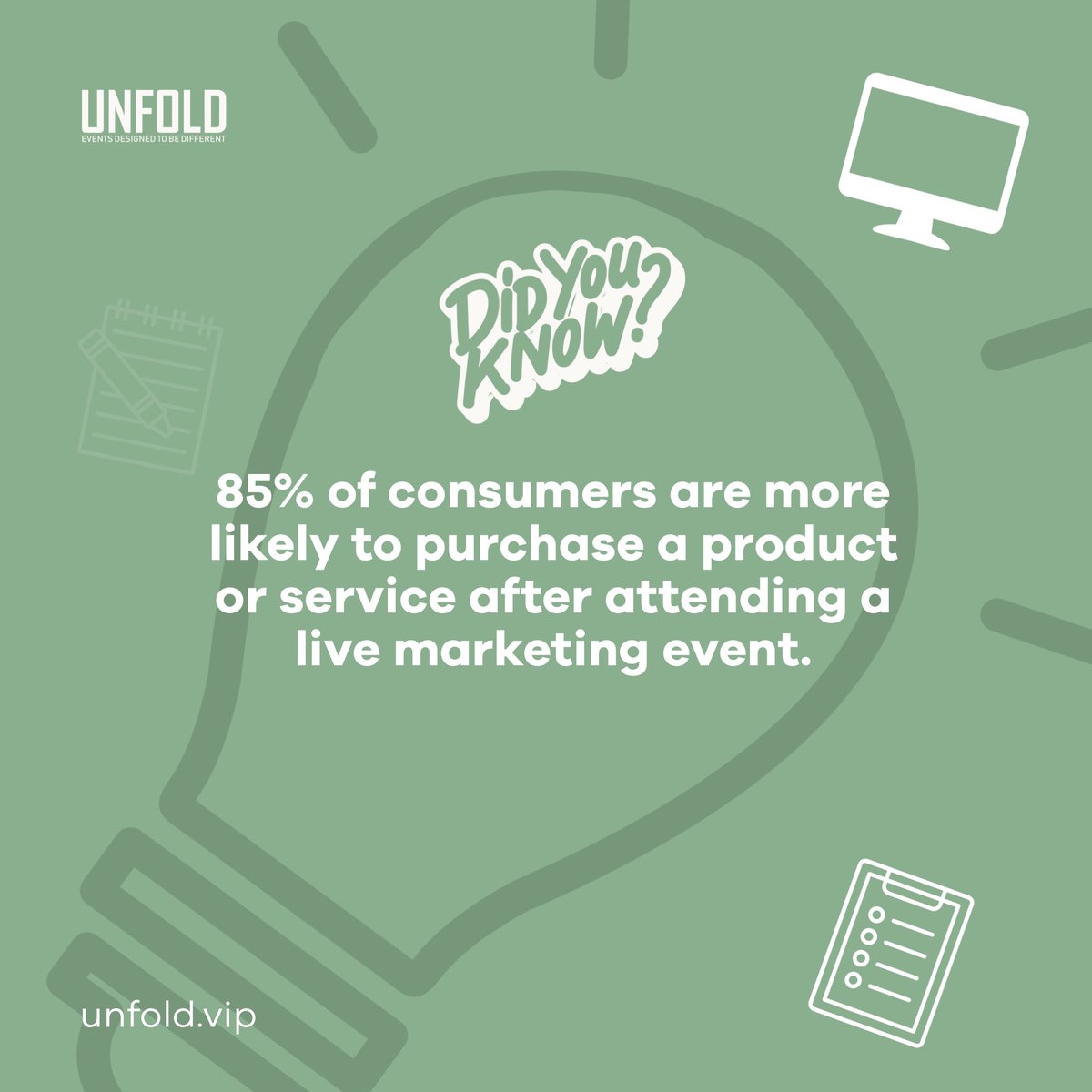 UnfoldEventsVIP's tweet image. #DidYouKnow Events have a direct relationship with sales increase.
 
85% of consumers are more likely to purchase a product or service after attending a live marketing event. 
 
And even those 15% that may not purchase your product or service on that day, are still  leads 😊