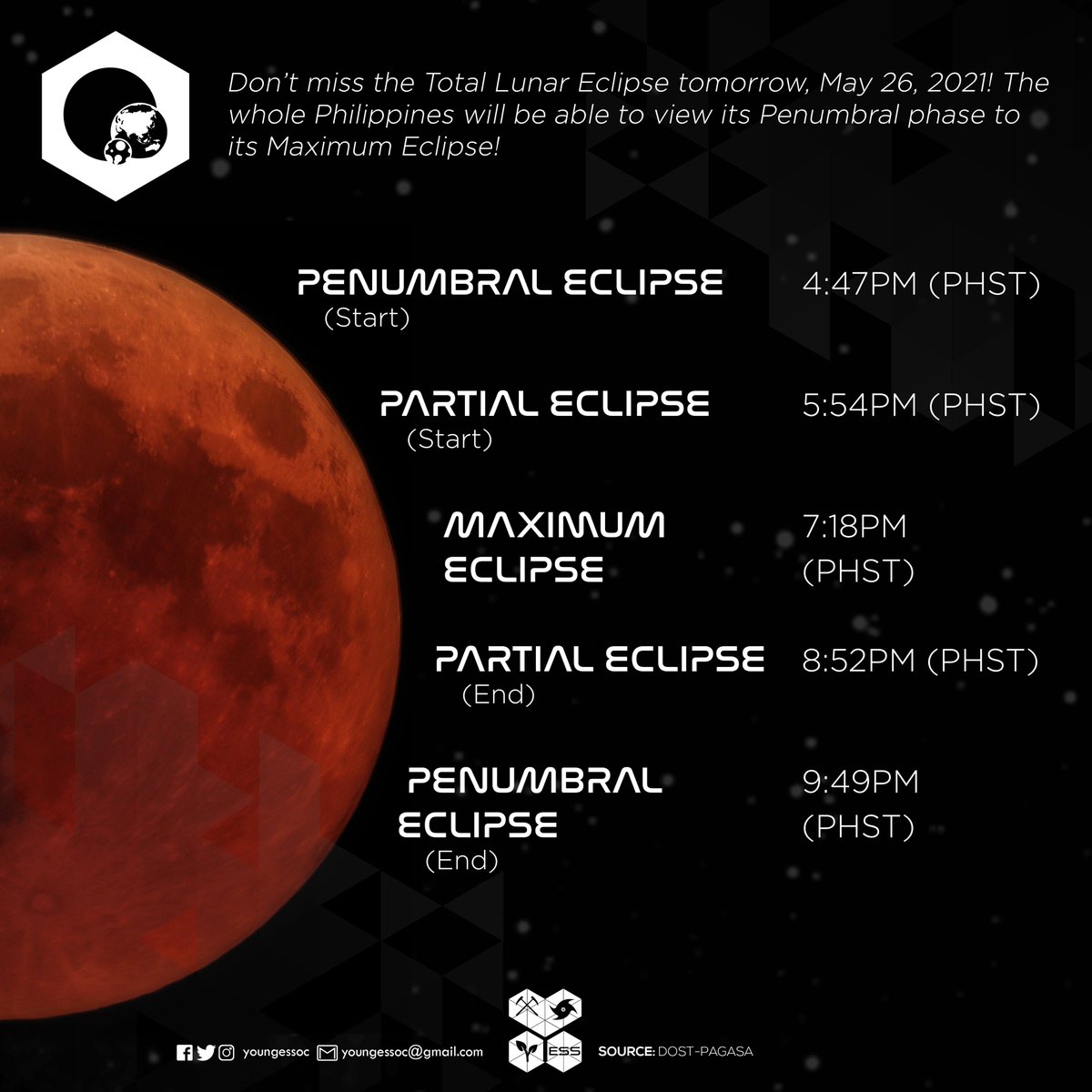 PSA: Waterbenders may experience some trouble practicing waterbending tomorrow night!

Join everyone in viewing the Total Lunar Eclipse for 2021! The Philippines will be able to view its Penumbral phase to its Maximum Eclipse.

#TotalLunarEclipse2021
#YESSAstro