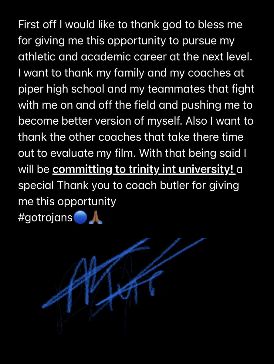 kielhimself's tweet photo. So bless to announce‼️ that the next 4 years I will be continuing my athletic &amp; academic career @TIU_Football 
#trinityinternationalUniversity 💙 #COMMITTED 
@Piper_Athletics https://t.co/N2MsicPD5W