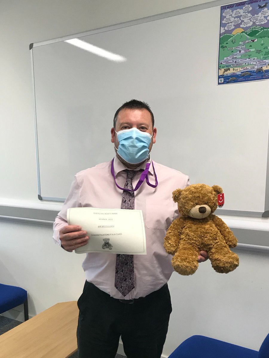 AsnHigh's tweet photo. Congratulations to Mr McCulloch our headteacher (fix?) for correctly guessing the bears name "Scooby Doo" Thank you everyone for taking part and supporting @CatsProtection @TheBHF and @scottishautism https://t.co/l4VM9JoLsJ