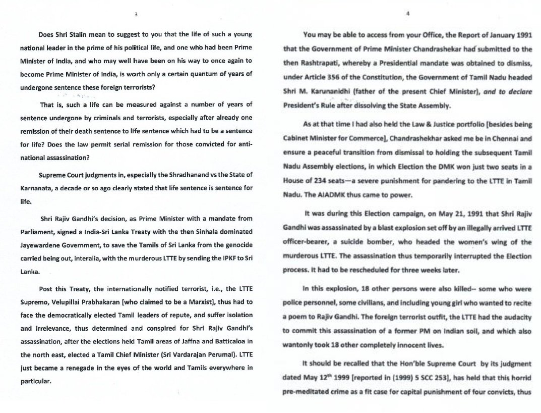 Subramanian Swamy My Letter To The Rashtrapati Opposing Tamil Nadu Cm M K Stalin S Plea To Set Free From Jail The Conspirators Of Rajiv Gandhi Assassination T Co Ccnaiiocse