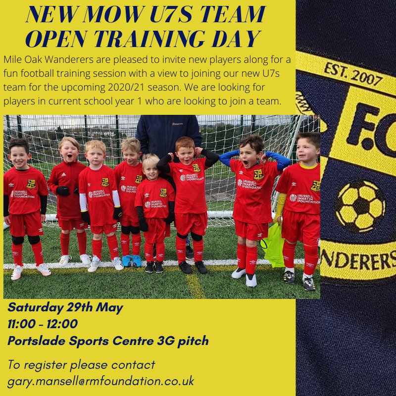 MOWFC's tweet image. New U7s Team for Season 2021/22

MOW are pleased to launch our new U7s team for the upcoming season. We welcome players to attend our open training this Sat 29th May at Portslade Sports Centre 11:00 - 12:00

To register or for more info contact Gary.mansell@rmfoundation.co.uk
