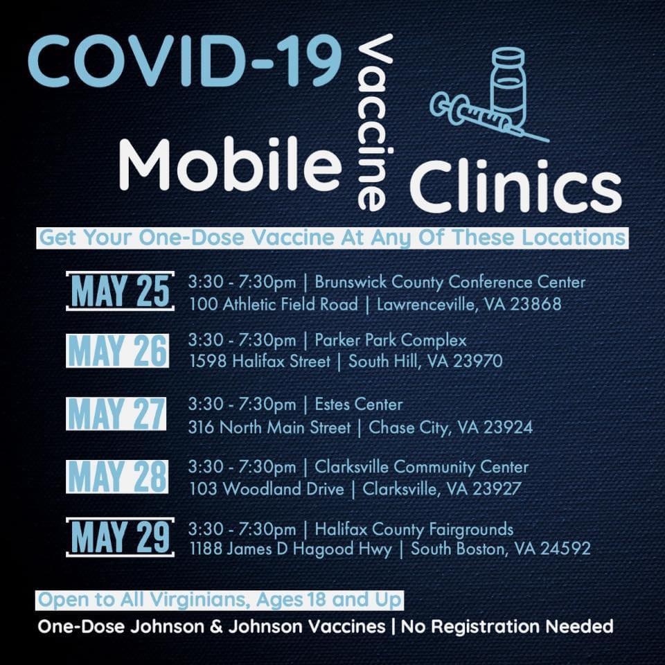 Watkins1924's tweet photo. 💉 There’s a Mobile Vaccine Clinic coming through our area May 25th-29th.
💉 Free, One-Dose vaccines, no registration required. https://t.co/13kNBuemTk