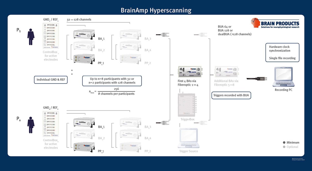 Brain_Products's tweet photo. Inspired by our latest #UserResearch?
Check out our new #hyperscanning series! Combining multiple #BrainAmps allows using separate ground & reference channels for each participant & provides perfect clock synchronization in a single #EEG recording file.
๐https://t.co/7Gdu2oeEbD https://t.co/y8AfBoH7hM