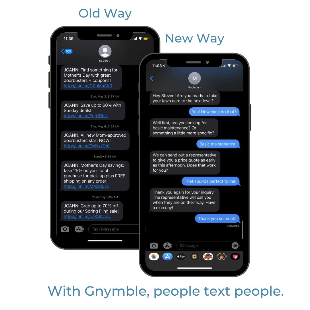 gnymble's tweet photo. Stop mass marketing texts and start asynchronous communication with Gnymble!
#marketing #communicationtool #textingforbusiness #textforwork #customersupport #customersuccess https://t.co/yN7VnQdebG