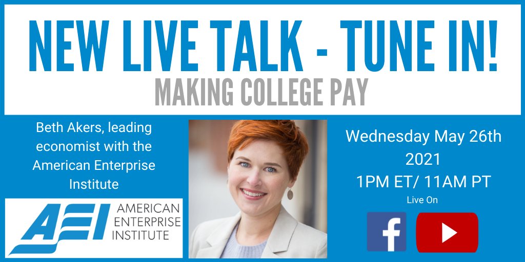 michaelbhorn's tweet photo. @DrBethAkers, @AEI, joins me to talk about her new book, Making College Pay, in which she argues that #college is still a smart #investment.
Don't miss out, set a reminder via the links below -
YouTube: https://t.co/DIh2Eo7vt6
Facebook: https://t.co/HPP0hunIon https://t.co/DJ6Wan1WxK