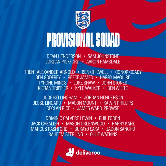 Footballtweet's tweet photo. OFFICIAL: The provisional England squad for #EURO2020. 🦁🏴󠁧󠁢󠁥󠁮󠁧󠁿

What do you think of this? https://t.co/kUf5LRyJDS