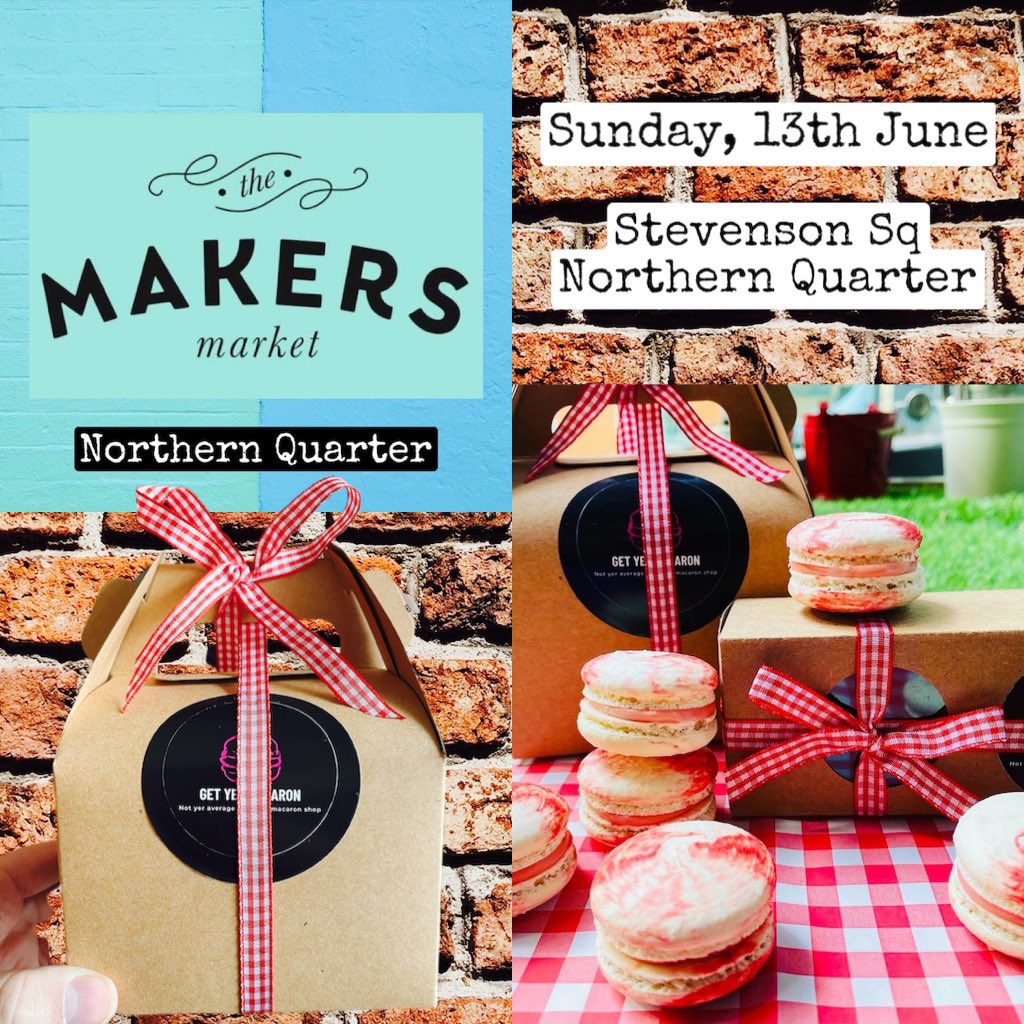 getyermacaron's tweet photo. Catch us at our next @_makersmarket in our new perm spot at NQ! @NQManchester Sun 13th June - we’ll have our Picnic Collection &amp; Father’s Day flavours up for grabs!!! Pre-orders all available now 💥 #getyermacaron #makersmarket @McrFoodandDrink @eat_mcr #macarons https://t.co/rGK3cibErP