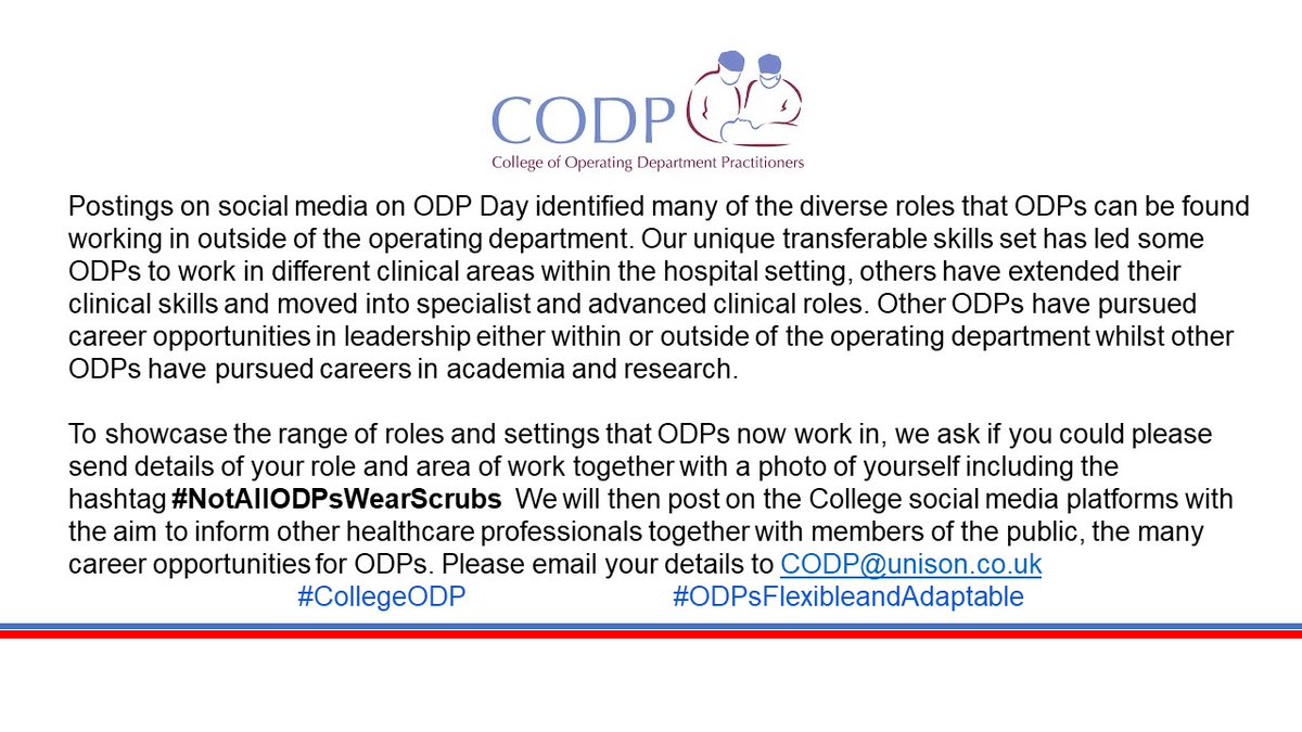 CollegeODP's tweet photo. 📣 Postings on social media on #odpday identified many of the diverse roles that #ODPs can be found working in outside of the operating department. 

Please read below on how to showcase the range of roles and settings that ODPs now work in ⬇️⬇️⬇️

#NotAllODPsWearScrubs https://t.co/UCP3fqBlRr