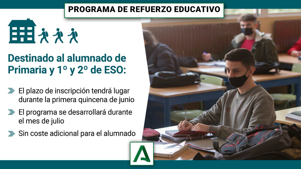 AndaluciaJunta's tweet photo. 💬 @javierimbroda: Características del programa:
📅 Se desarrollará durante julio
🏫 Destinado al alumnado de Primaria y de 1º y 2º de Secundaria
📚 Refuerzo especial en Lengua Española, Matemáticas e Inglés y siempre combinada con la actividad física y deportiva ✅ https://t.co/zzGB6p4cHj