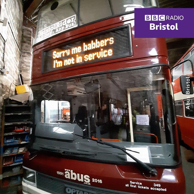 A bus with "sorry me babbers, I'm not in service" written on the LED display screen.