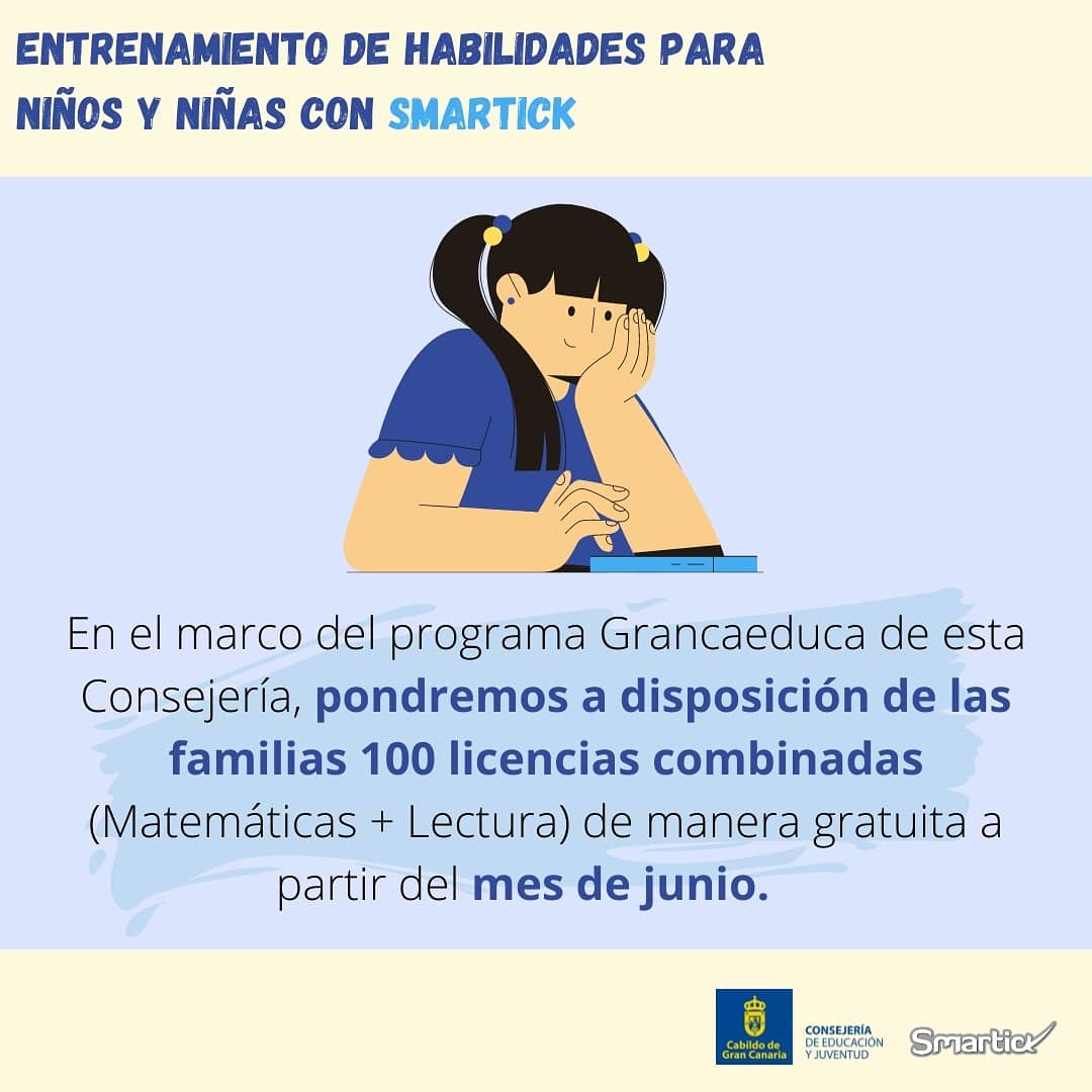GranCanariaJven's tweet image. 👨‍👩‍👦 ‼️En Junio solicita tu licencia #Smartick Repaso y Refuerzo de Habilidades para Niños y Niñas con el método Smartick 2021 de nuestro programa #GrancaEduca 
 
➕Info: bit.ly/3fhmbzr
👉grancaeduca@grancanariajoven.es
#GranCanariaJoven
