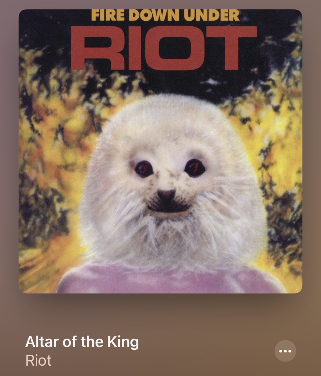 Terrible album cover, like really terrible, but great tune! 

Is it a seal/cat/human/Gandalf beard hybrid? We’ll never know, probably for the best. 

#Riot #FireDownUnder #AltarOfTheKing