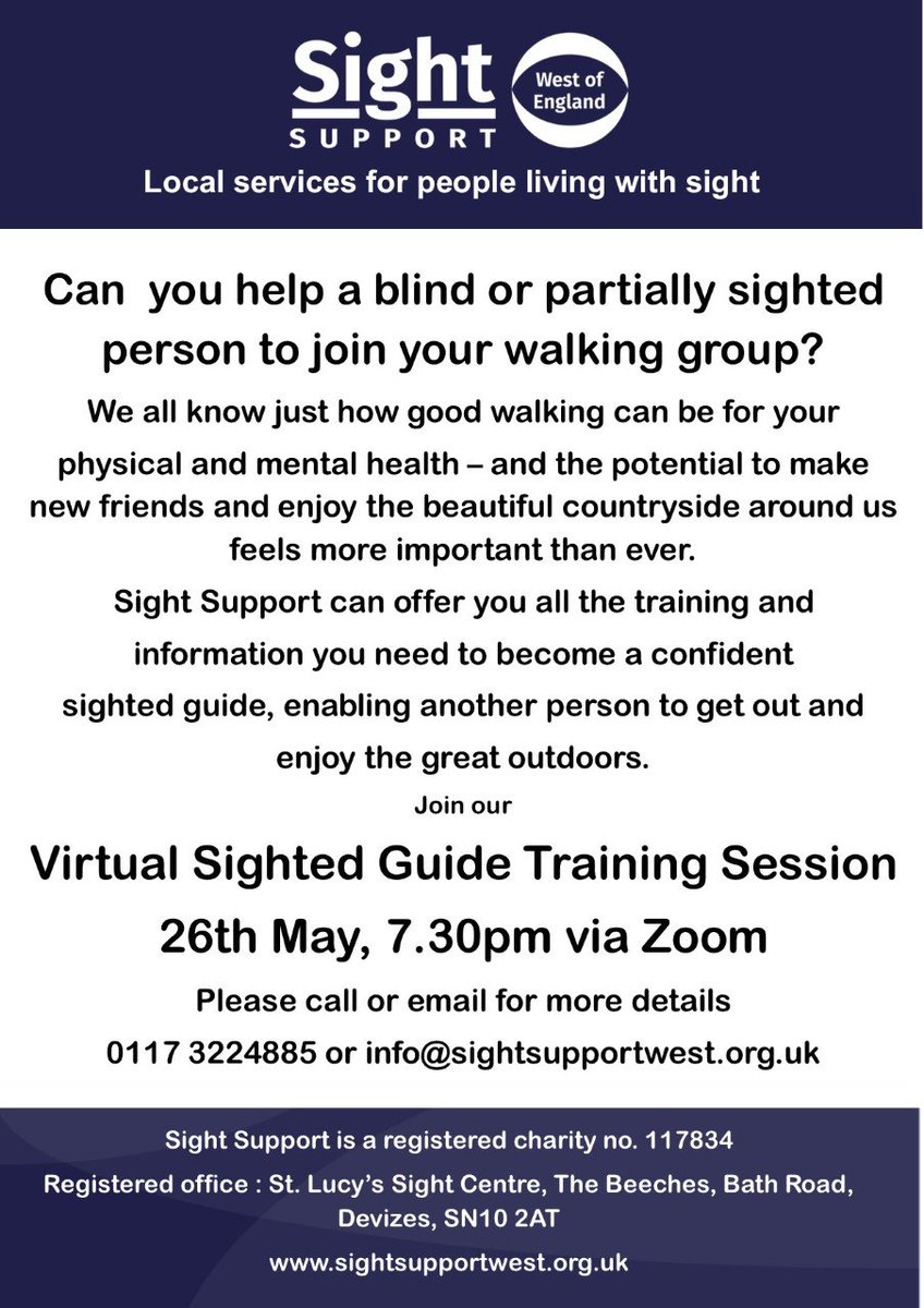 Some places left on this training tomorrow 25th May, 7.30pm via Zoom
Can you help a blind or partially sighted person to join your walking group?
Please call or email for more details
0117 3224885 or info@sightsupportwest.org.uk
<a href="/healthywalks/">Ramblers Walking for Health</a> <a href="/SHaRE_Walking/">SHaRE 🚶🏾‍♀️🌳⛰🌲</a> <a href="/walkngclasshero/">walking class hero 💙</a>