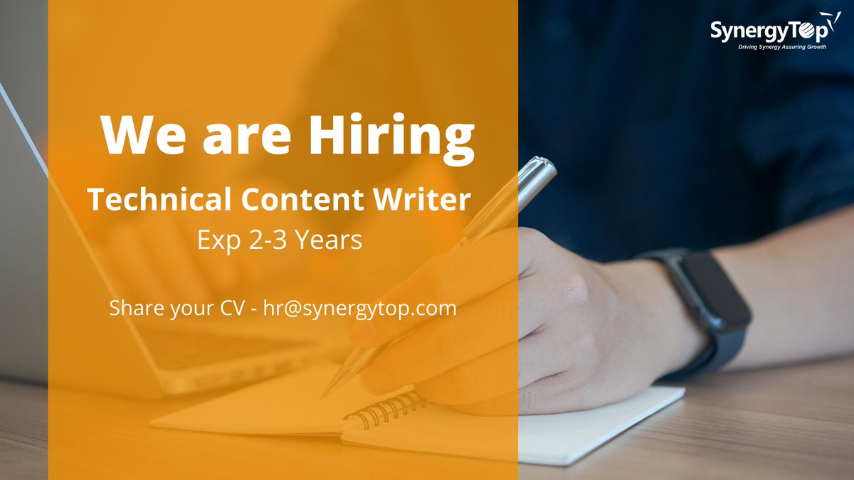 SynergyTopUSA's tweet image. We are looking for a Technical Content Writer. 
please share your CV 
synergytop.com/careers/

#SynergyTopHiring #TechnicalContentWriter #WeareHiring