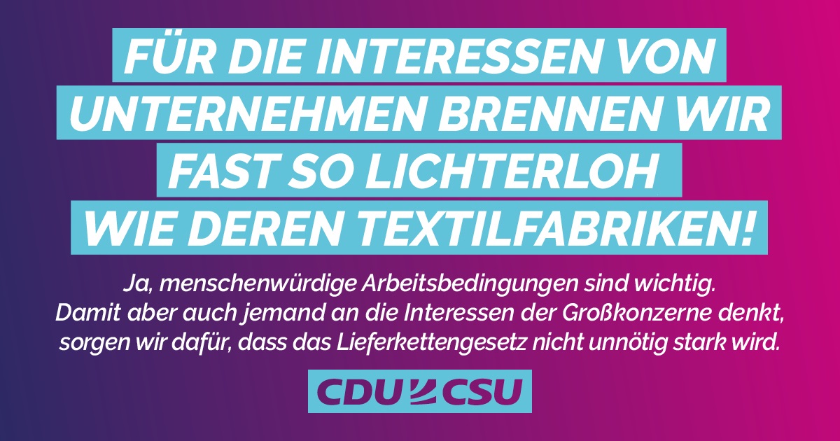 Oxfam_DE's tweet photo. 👎Erst verwässern Teile der Union &amp; die Wirtschaftslobby das #Lieferkettengesetz
👎Jetzt blockiert die @cducsubt den ohnehin schon schwachen Regierungsentwurf
Den Abgeordneten ist es wohl egal, unter welchen Arbeitsbedigungen Menschen im globalen Süden für uns Kleidung herstellen https://t.co/CkHH22Jhjw
