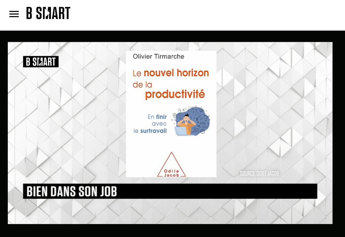Bien dans son job : retrouvez l'interview d'Olivier Tirmarche, à l'occasion de la parution de son livre, "Le nouvel horizon de la productivité, en finir avec le surtravail". 
#job #emploi #management 
<a href="/otirmarche/">Olivier Tirmarche</a>  Olivier Tirmarche, Light Feet 
bsmart.fr/video/6269-sma…