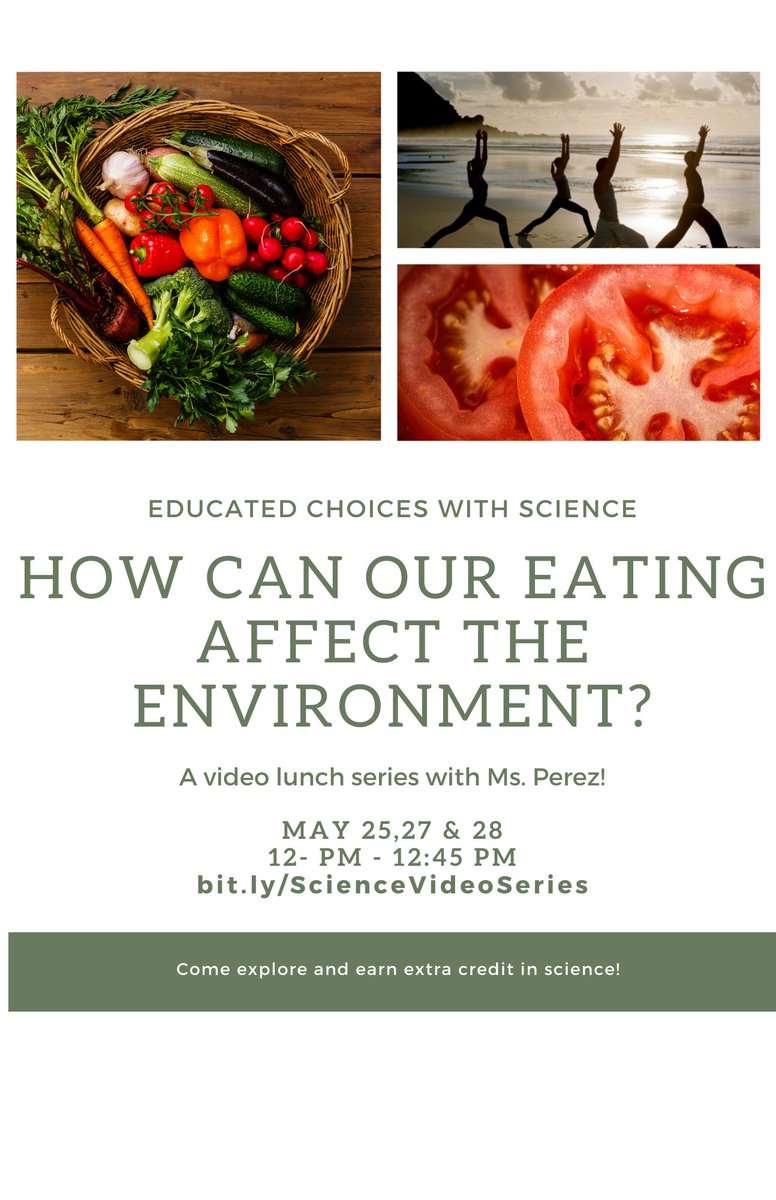 Come join Ms. Perez for a video lunch series on how our food choices affect the environment from at 12pm Tuesday, Thursday and Friday this week! Become an informed eater and earn some extra credit while at it! Link in bio!