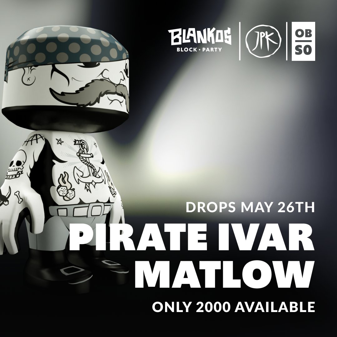 Arrr you ready for our next drop? Hoist the sails, batten down the hatches, and ready the canons! Ivar Matlow by <a href="/jonpaulkaiser/">Jon-Paul Kaiser</a> is swinging into Blankos on May 26th at 3PM PDT! Only 2000 available at $19.99 or 2000 Blanko Bucks in-game and on the web shop. blog.blankos.com/ahoy