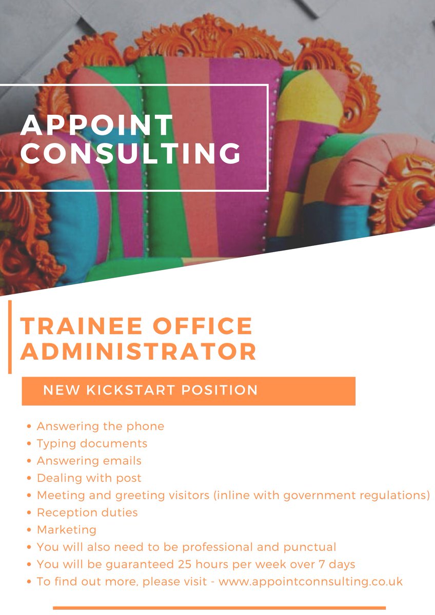 AppointConsult1's tweet image. NEW #JOB: Trainee Office Administrator
Based in Grimsby
Guaranteed a minimum of 25 hours per week
To apply, visit buff.ly/3hwtGEn - alternatively send us your CV to kickstart@appointconsulting.com  or call our office on 01472 493 222.

#jobsingrimsby #NEYHKickstart