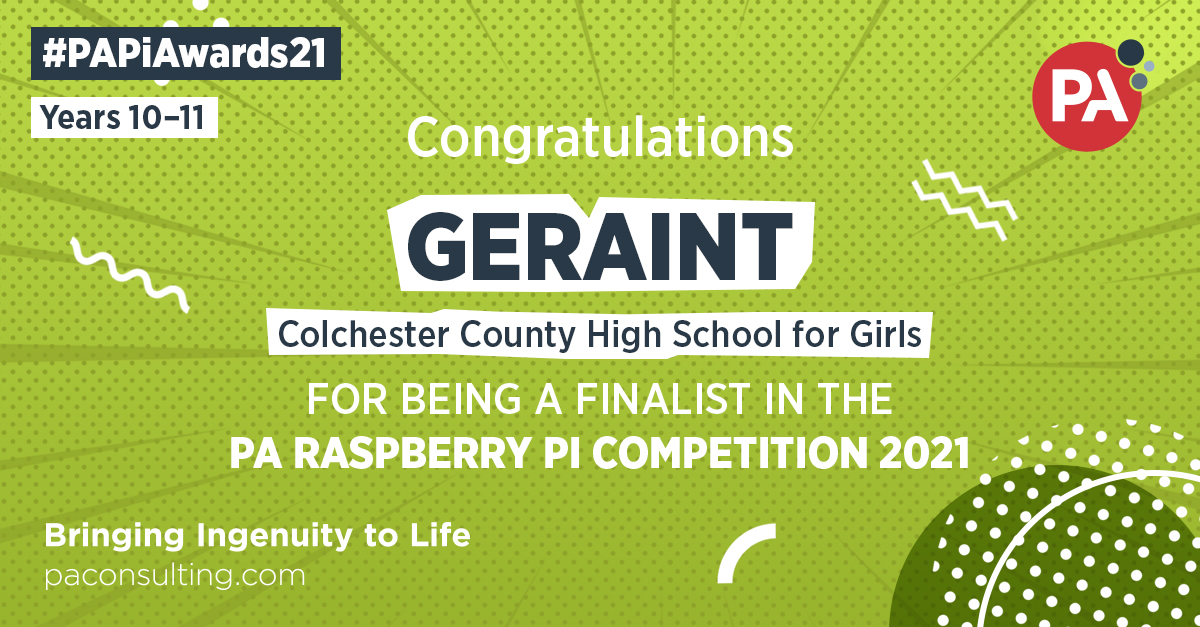 PA_RaspberryPi's tweet photo. Well done to #TeamGerAint from @CCHSG_  for being a #PAPiAwards21 finalist in the Years 10-11 category! Before the awards day tomorrow, 26 May, check out their amazing invention. >> https://t.co/L5M1244zkj🎉 #STEM https://t.co/Hyn8h7eCnX
