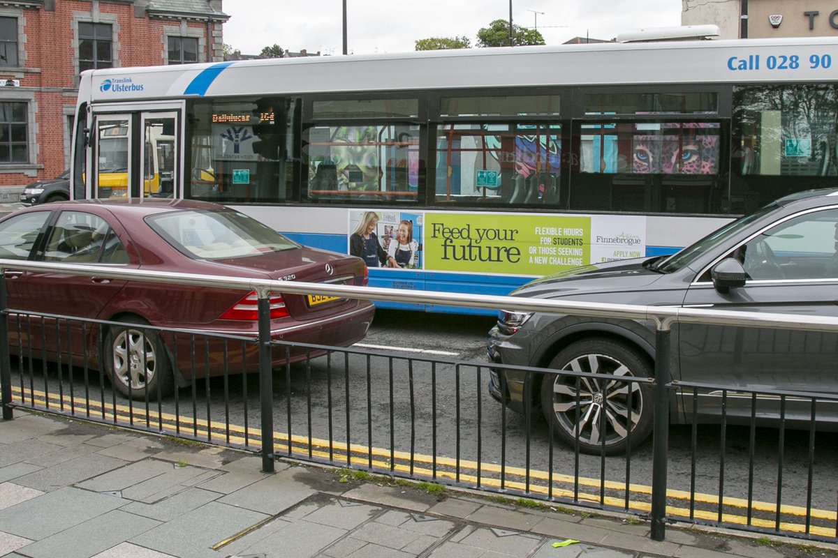 GlobalNIreland's tweet photo. With most restrictions now eased in NI, increases in mobility has seen the triumphant return of the bus audience. @finnebrogue ensured their new recruitment opportunities were unmissable with this hyperlocal, multi-format bus campaign #local #busadvertising #thinkoutsidethebus https://t.co/YkwxtvBsOV