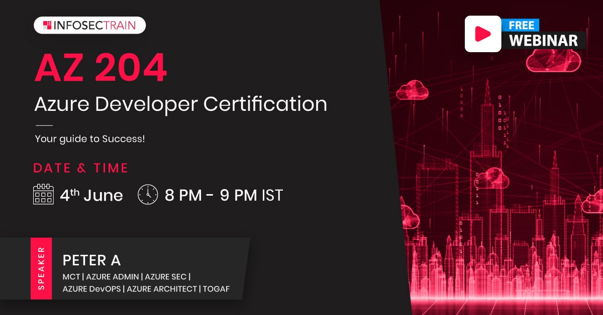 Infosec_Train's tweet image. Azure Developer Certification – AZ 204, your guide to Success!
Date: 04th JUN 2021 (FRI) 
Time: 08.00 -09.00 PM (IST)
infosectrain.com/events/azure-d…
#Azure #AzureDevOps #AzureDeveloperCertification #InfosecTrain