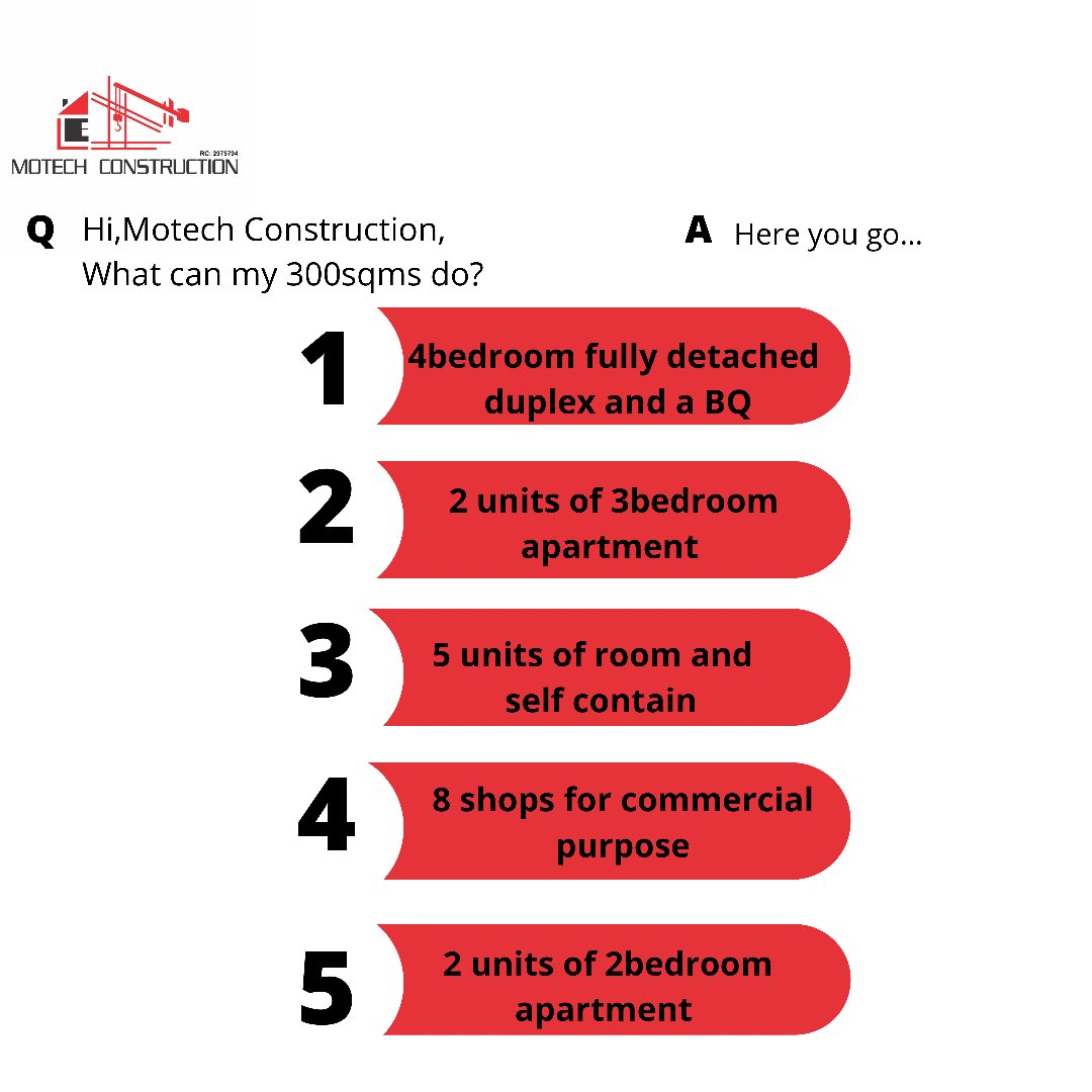 MotechConstruct's tweet photo. Here is what your 300sqms plot of land can do conveniently… 
We can help you achieve this. 
For more information and enquiries,contact us via
☎️ 08072005809, 09049484733, 07031062090

#300sqm #motechconstruction #motechhomes #realestate #lagos https://t.co/8JuBkd2wcs