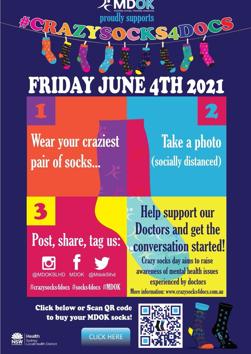 MdokSlhd's tweet photo. Count down for @crazysocks4Docs  day has begun in @SydneyLHD... this year #MDOK have our own crazy socks on offer to get the conversation started and breakdown stigma around mental health issues experienced by health professionals https://t.co/UdyKKl8BKn