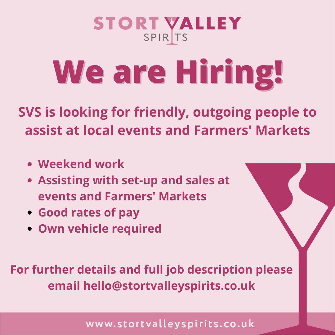 stortspirits's tweet photo. SVS is recruiting!  As Stort Valley Spirits grows we are looking for staff to assist in running events. If you know of anyone who might be interested in applying then please do share details with them.

No agencies please. 

#job #harlow #sawbridgeworth #essexjob #retail https://t.co/wIGhFgUrtC