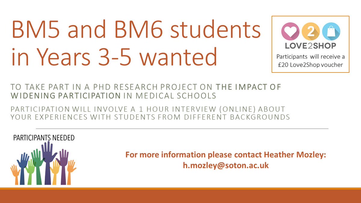 Medical Education (@mededsoton) on Twitter photo Are you a BM5 or BM6 student <a href="/UoS_Medicine/">Southampton Medicine</a> in years 3-5? Can you spare an hour to help out with this study: 'Exploring the reciprocal benefits of widening participation in medical schools?'
Email h.mozley@soton.ac.uk to find out more! Are you a BM5 or BM6 student <a href="/UoS_Medicine/">Southampton Medicine</a> in years 3-5? Can you spare an hour to help out with this study: 'Exploring the reciprocal benefits of widening participation in medical schools?'
Email h.mozley@soton.ac.uk to find out more!