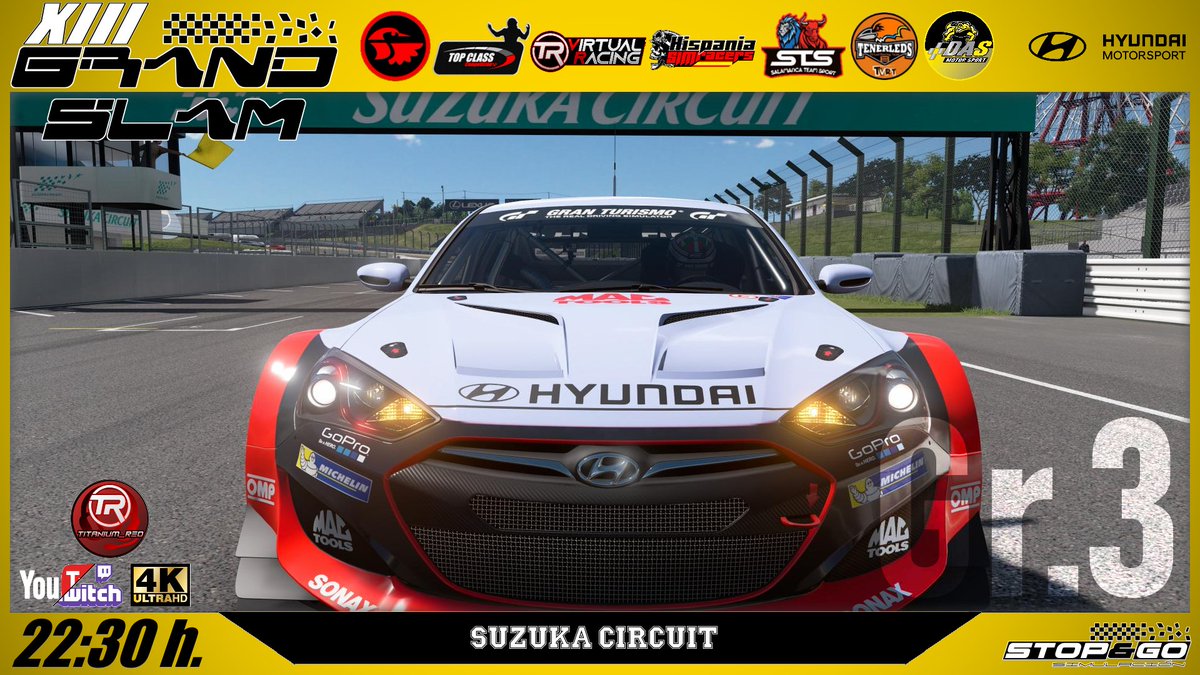 StopGoSimu's tweet photo. Hoy a partir de las 22:30h. continúa la lucha por el #XIIIGrandSlam, de nuevo con Hyundai Genesis pero categoría Gr.3, Suzuka Circuit y @Titanium__Red (YouTube/Twitch) ... son tu cita esta noche.

#OnlyForBraves https://t.co/MmYtwYR2JU