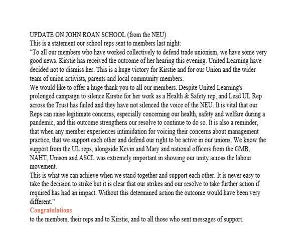 Fantastic news about  <a href="/DefendPaton/">Defend Kirstie Paton</a> - victimised NEU Rep and <a href="/NEULondon/">NEULondon</a> executive member. She won her case and will keep her job. Just shows that if we fight, we can win! ✊✊✊👏👏👏❤️❤️❤️
