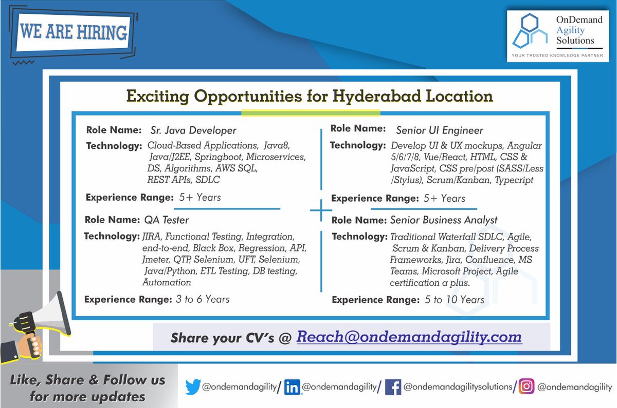 ondemandagility's tweet photo. Drop in your CV :: Reach@ondemandagility.com
Subject – Location :: Role :: Experience
*Candidate must be available in Hyderabad or willing to relocate.
#ODA #Java8 #AWS #Algorithms #QATester #Angular #Selenium #DBTesting #Typercript #Angular #UIEngineer #JIRA #HyderabadJobs https://t.co/aTncZMdimm