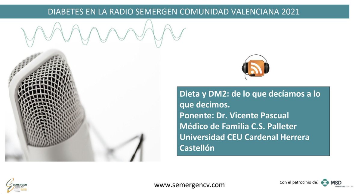 SEMERGEN_CV's tweet photo. 🆓Hoy 🎙Dr. Vicente Pascual Fuster nos habla de Dieta y diabetes tipo 2, de lo que decíamos a lo que decimos #DM2
🎧 https://t.co/p1FTRXMElz

 Iniciativa #reconectaDM2 #DiabetesEnLaRadio https://t.co/RYGa9K8OIV