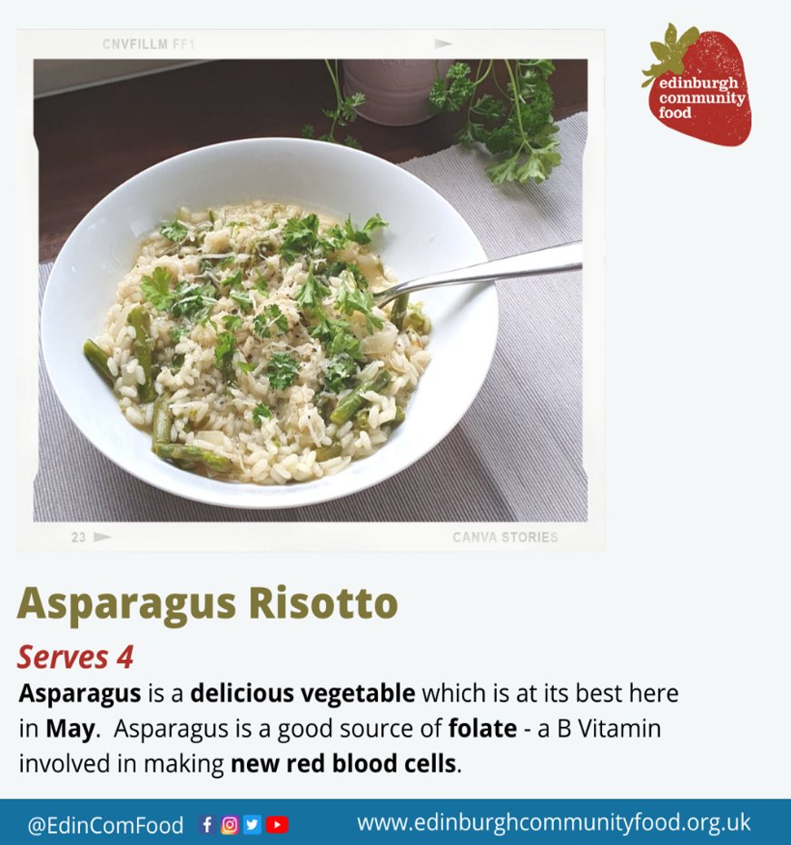 EdinComFood's tweet photo. May is #NationalAsparagusMonth. 5 asparagus spears counts towards our 5-a-day! Have you tried asparagus risotto? It's delicious! Give this recipe a try and let us know what you thought! #EdinComFood #ECFNutrition https://t.co/bfq3eYNjAJ