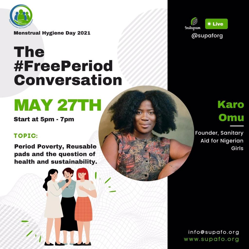 supaforg's tweet photo. Have you heard? SUPAFO is having a conversation on menstrual hygiene day about the cost and implication of sanitary pads on girls and education. 

The conversation starts by 5pm on May 27th. Be there!!! https://t.co/N9jk9jtYhn