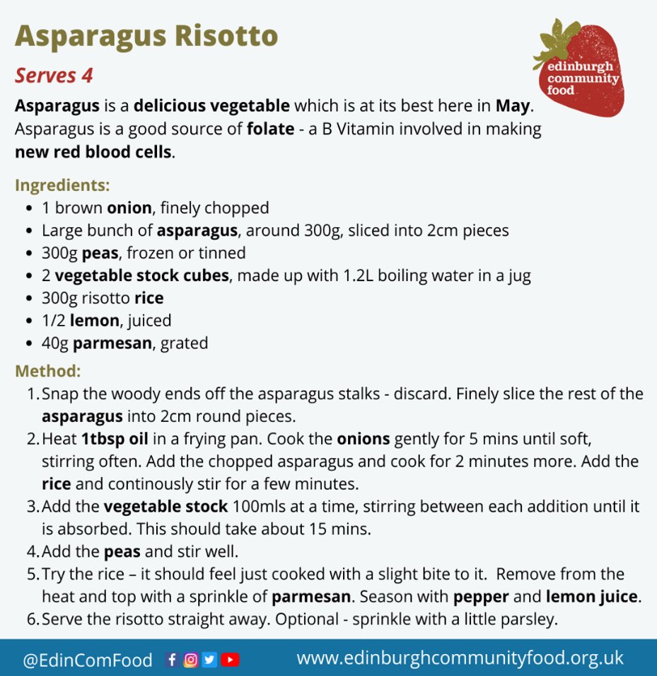 EdinComFood's tweet photo. May is #NationalAsparagusMonth. 5 asparagus spears counts towards our 5-a-day! Have you tried asparagus risotto? It's delicious! Give this recipe a try and let us know what you thought! #EdinComFood #ECFNutrition https://t.co/bfq3eYNjAJ