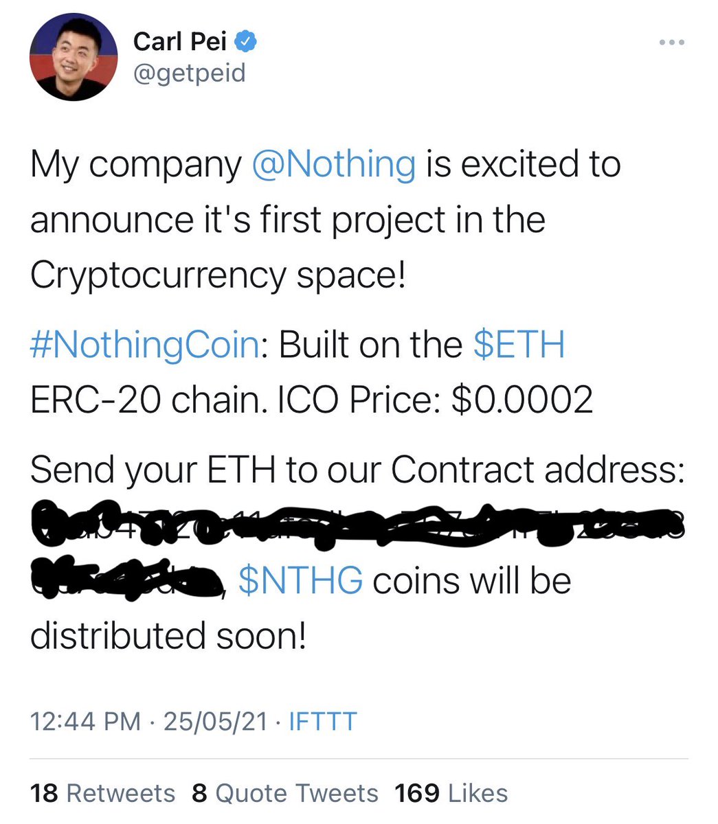 Through permissions granted to my @IFTTT which was hacked, this Tweet was  injected asking for your ETH. Please do not send any ETH or your personal  info to cryptocurrency accounts claiming to
