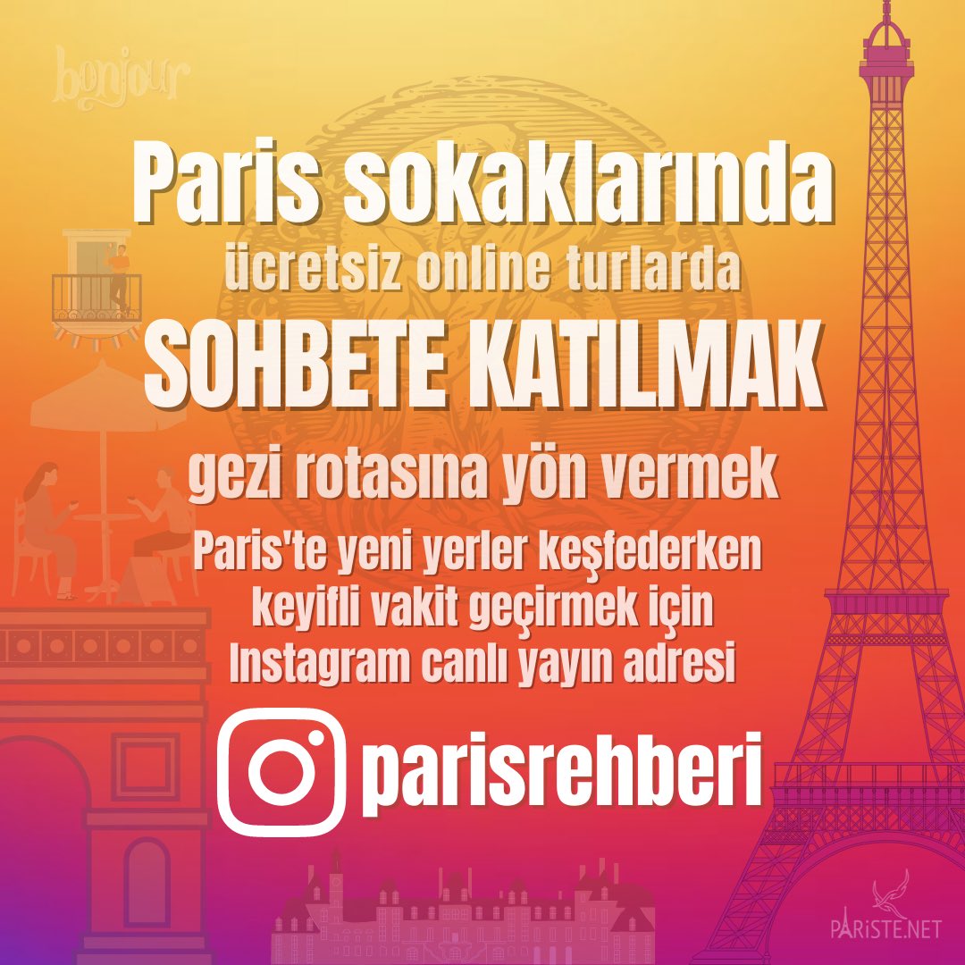 Paris sokaklarından, haftada en az iki kez canlı yayın izlemek için takip etmeyi, sürpriz canlı yayınları kaçırmamak için bildirimleri açmayı unutmayın: instagram.com/parisrehberi