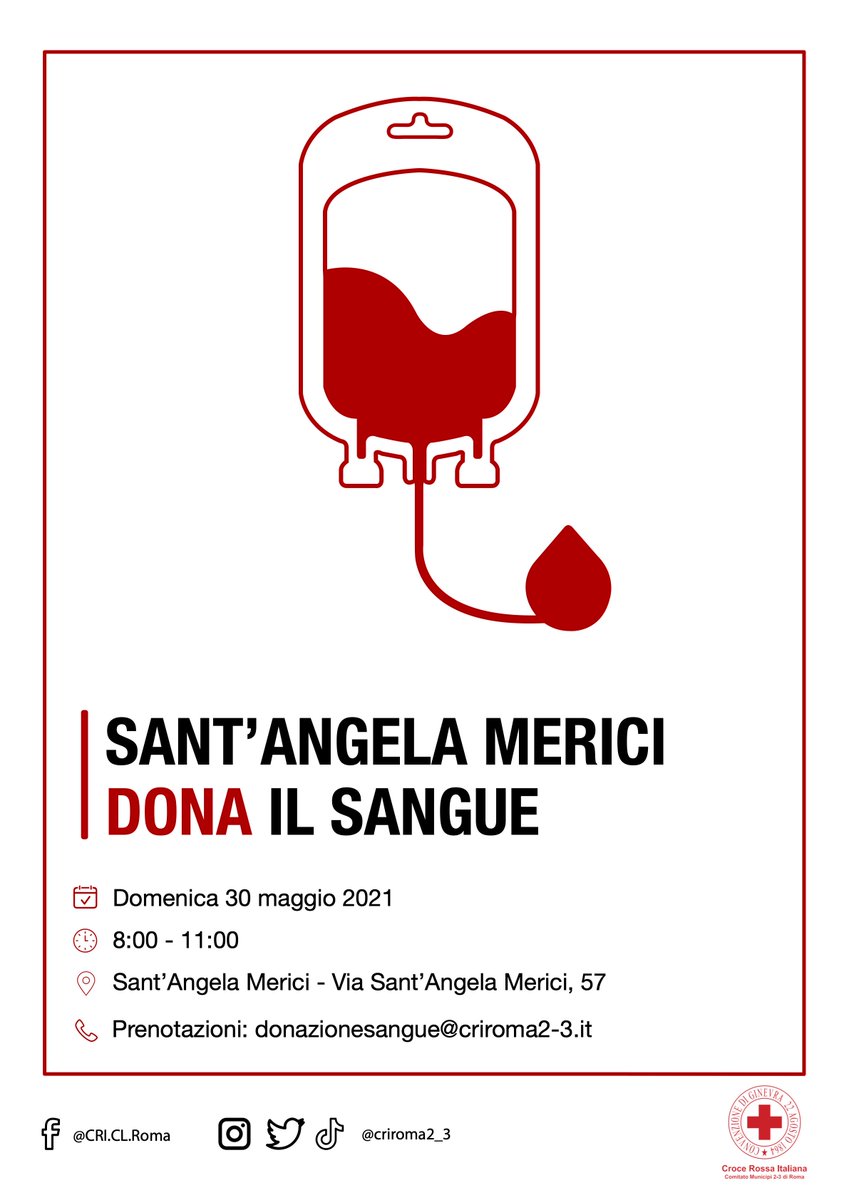 🩸 Vieni a donare il sangue nel #IIMunicipio!
🗓 Domenica 30 maggio, dalle 8:00 alle 11:00, presso la chiesa di Sant'Angela Merici, di via Sant'Angela Merici, 57 ❗️Per donare è obbligatoria la prenotazione all'indirizzo email: donazionesangue@criroma2-3.it
#UnItaliaCheAiuta