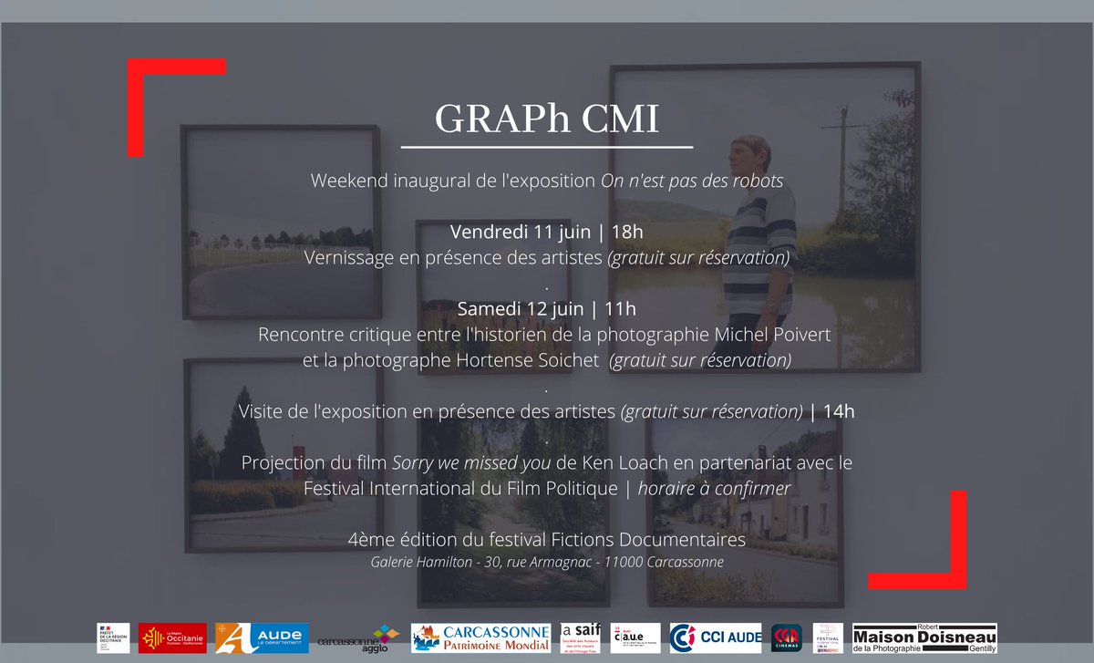 [WEEKEND INAUGURAL] Toute l’équipe du #festival #FictionsDocumentaires est heureuse de vous convier au weekend d’ouverture de l’expo « On n’est pas des robots », des photographes Nathalie Mohadjer, Cécile Cuny et <a href="/HortenseSoichet/">Hortense Soichet</a> 📸