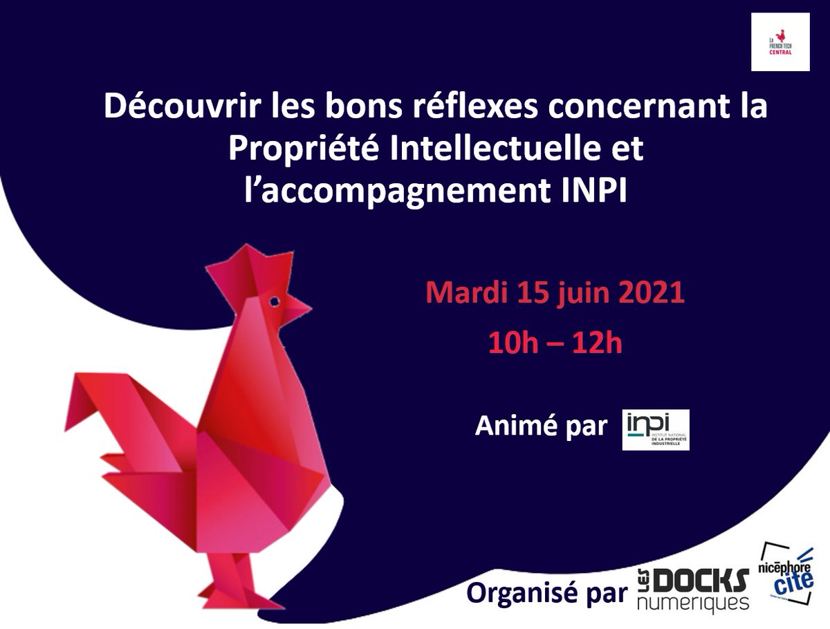 [ Evènements ]
📣 Les inscriptions sont ouvertes pour la conférence French Tech Central <a href="/DocksNum/">Les Docks Numériques</a> : Découvrir les bons réflexes concernant la propriété intellectuelle et l'accompagnement <a href="/INPIFrance/">INPI France</a> 😉
➡️ S'inscrire : bit.ly/3wBEwxf